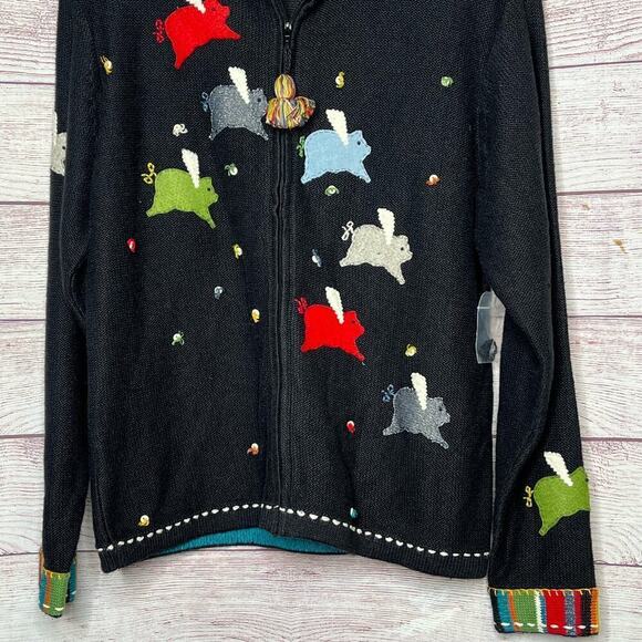 Vintage Susan Bristol Flying Pigs Embroidered Zip Cardigan Jacket Size Small - Picture 7 of 11